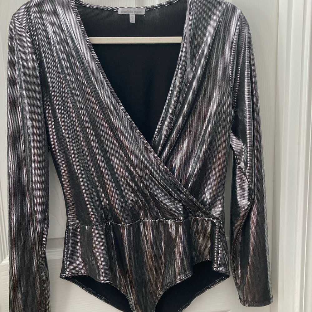 Charlotte Russe Shimmering Silver Bodysuit
